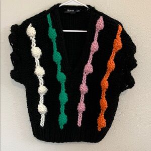 Maeve by Anthropologie Black V-Neck Sweater Vest with Vibrant Accents